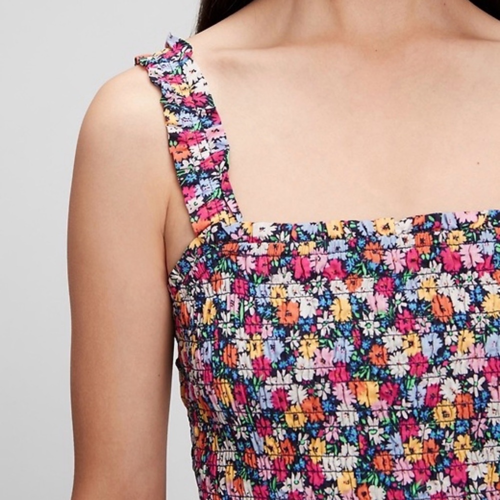 GAP Floral Midi Dress in Black with Pink, Yellow and White Flowers